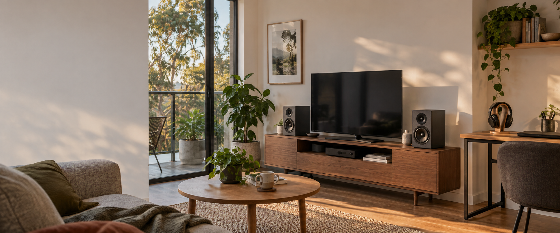 A compact apartment living room with bookshelf speakers, a television and a nearby headphone desk